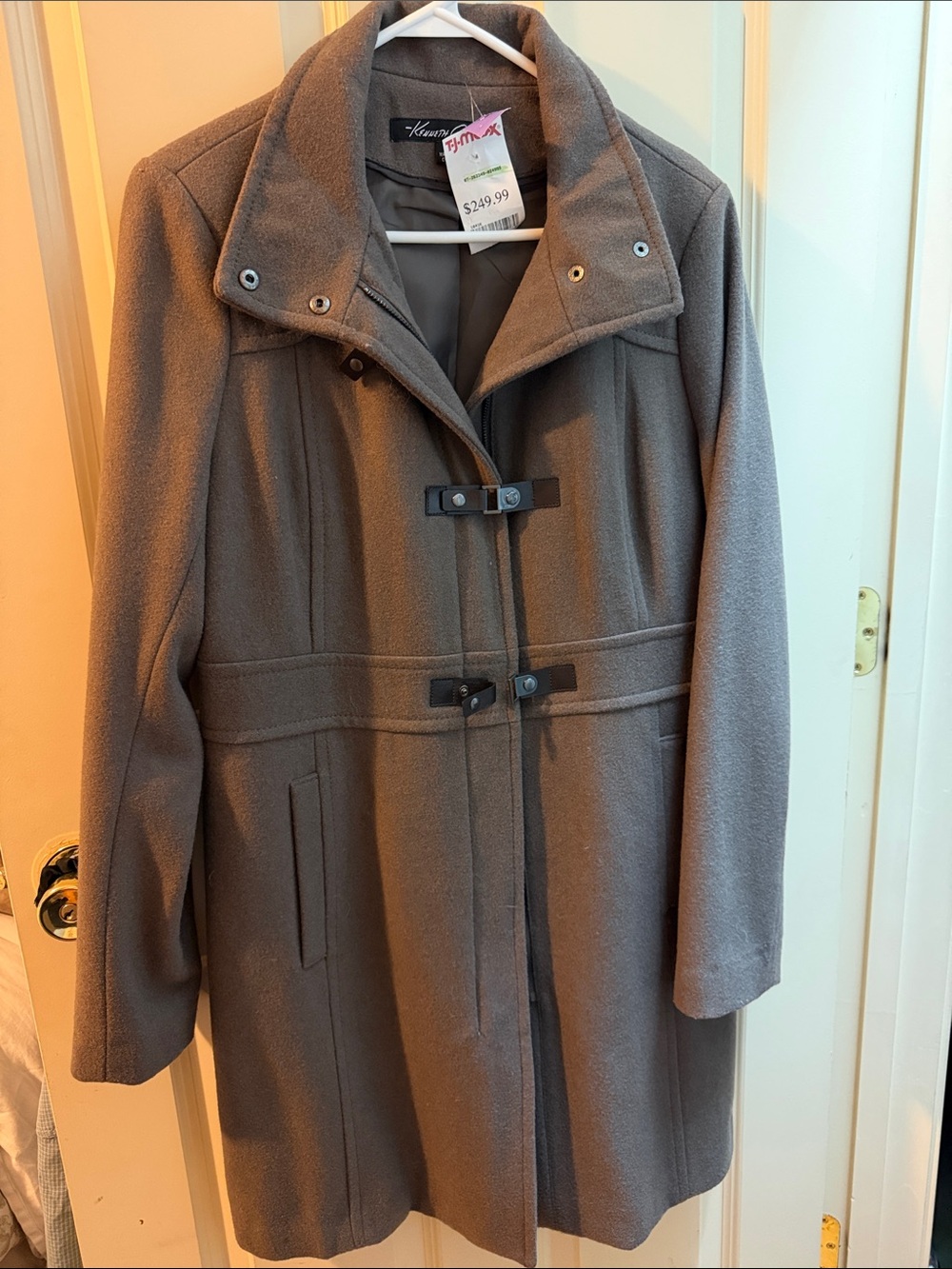 Kenneth Cole Gray-Brown Wool-Blend Toggle Pea Coat